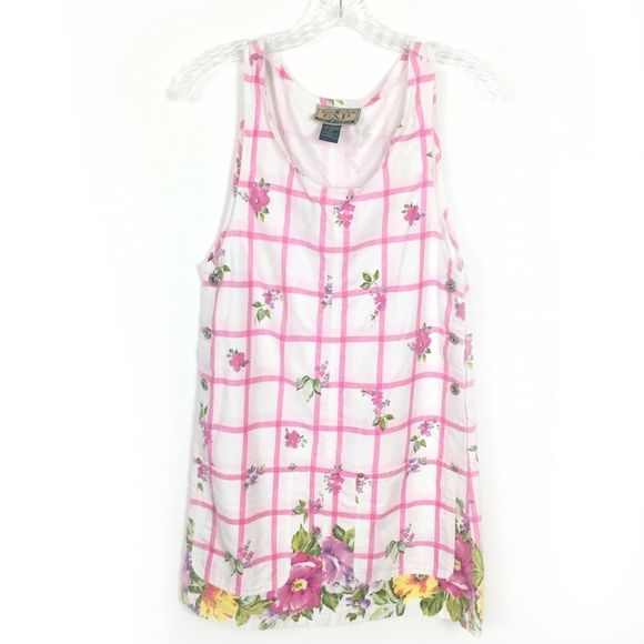 Vintage Dresses & Skirts - Vintage XS Pinafore Windowpane Plaid Floral Jumper Dress Pink Denim Express Y2K